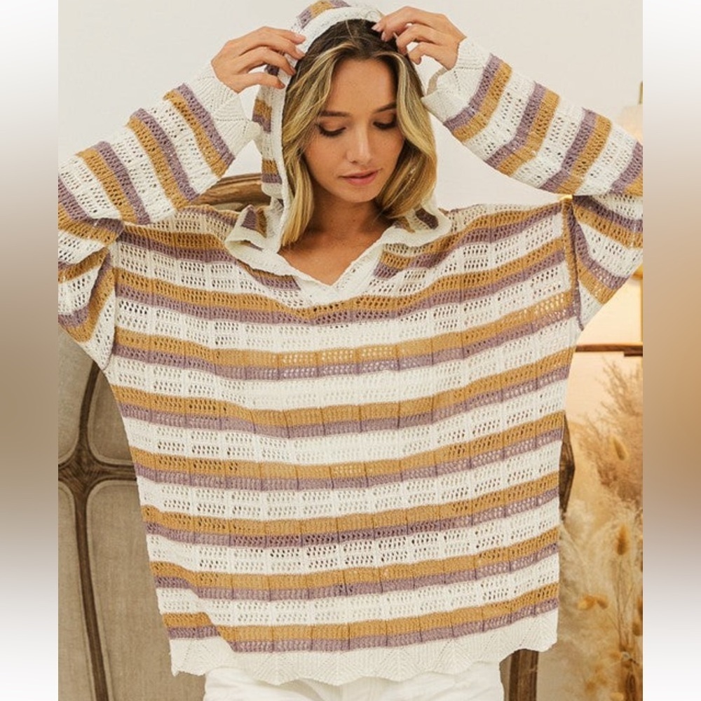 NWT BiBi V-Neck Striped Knit Boho Beach Vacation Top | Size Large - Picture 2 of 10